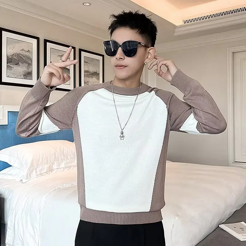 

Autumn Winter Large Size Men's Knitted Sweater Color Blo round Ne Inner Wear Casual Faion Brand Polyester Fiber