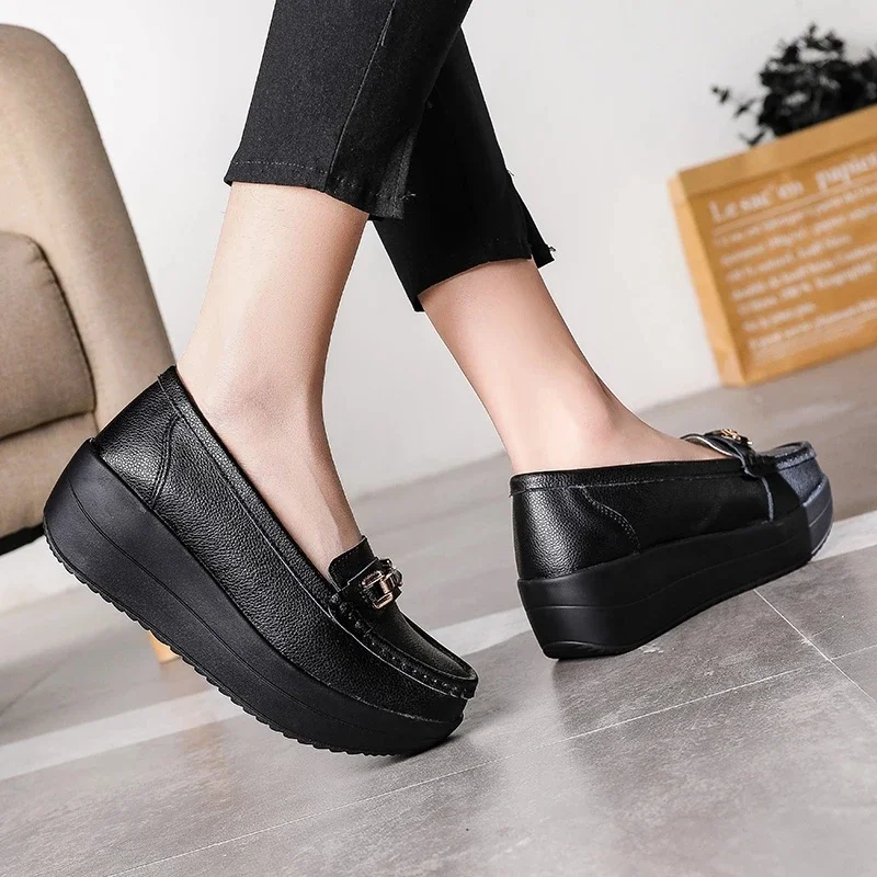 TIMETANG Women\'s Pumps Platform Loafers Genuine Leather Moccasins Shoes Woman Spring/Summer Female Slip On Casual Wedges Shoes