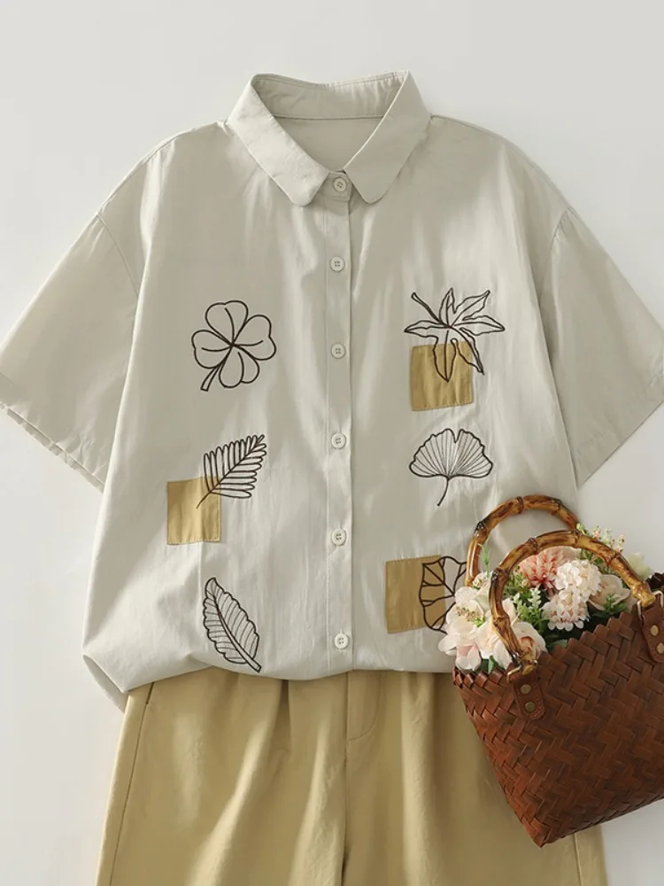 

Retro Embroidered Cotton Linen irt Women's Summer New Loose Casual Flax Top Trendy Collar Button up Artistic irt
