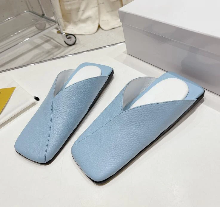 Blue White Soft Real Leather Flat Mules for Woman High Quality Luxury Designer Slip on Slides Leisure Comfortable Dress Shoe