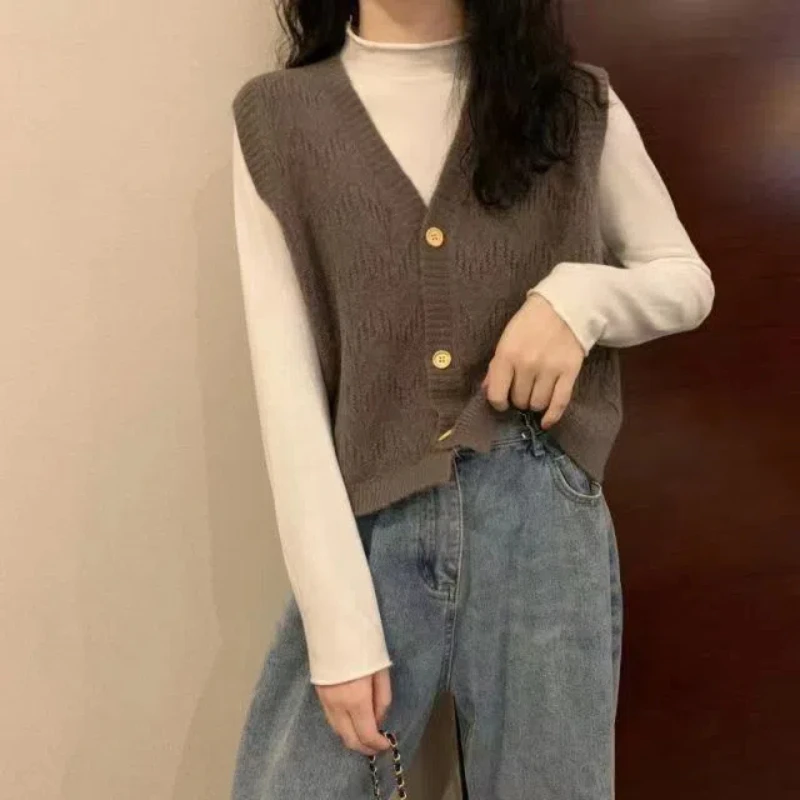 Autumn Winter Screw Thread V-Neck Knitted Sleeveless Button Up Women's Clothing Cardigan Coats Casual Elegant Vest Sweet Tops