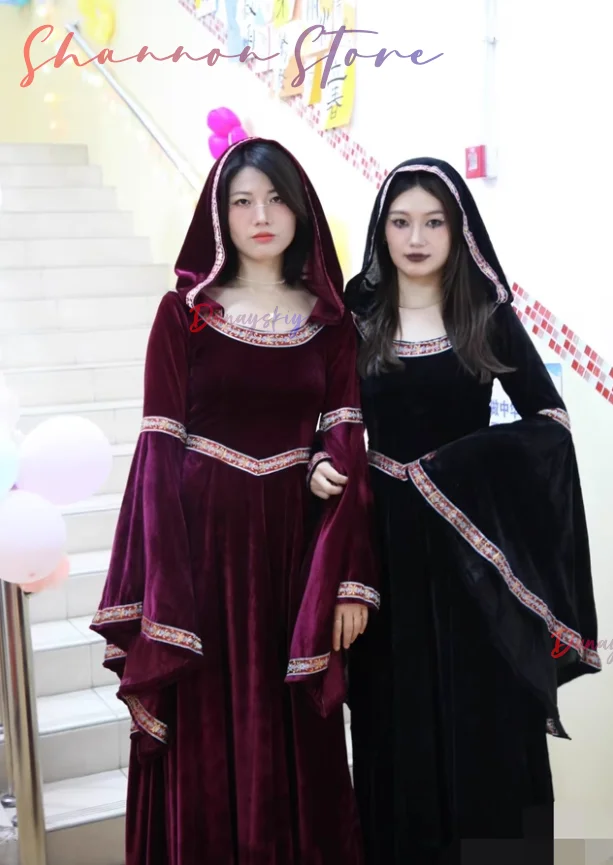 

Halloween Gothic Hoodie Witch Cosplay Costume Medieval Retro Women's Dresses Long Skirt Halloween Vampire Adult Role-play Suits