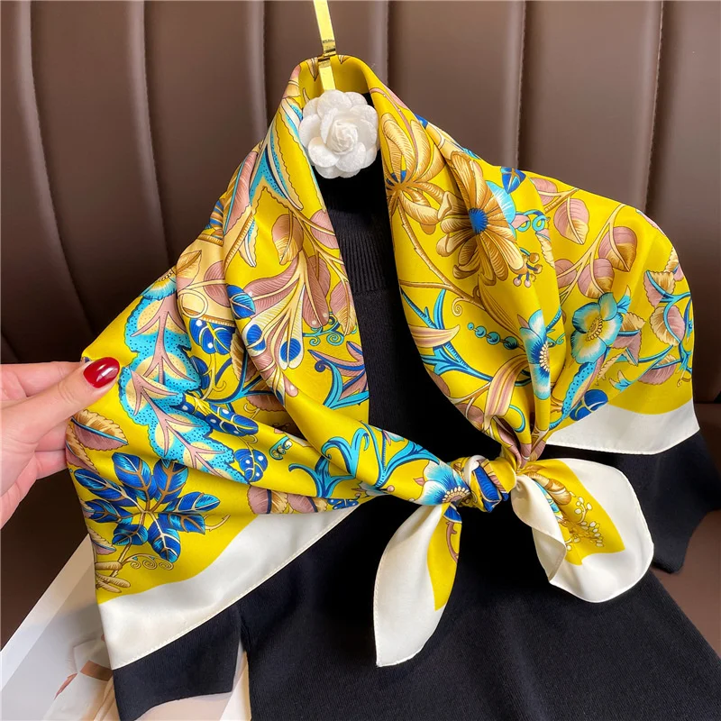 90cm Square New Silk Scarf Twill Silk Scarf Korean Style Floral Large Shawl Scarf Versatile Scarf Sunscreen Headscarf