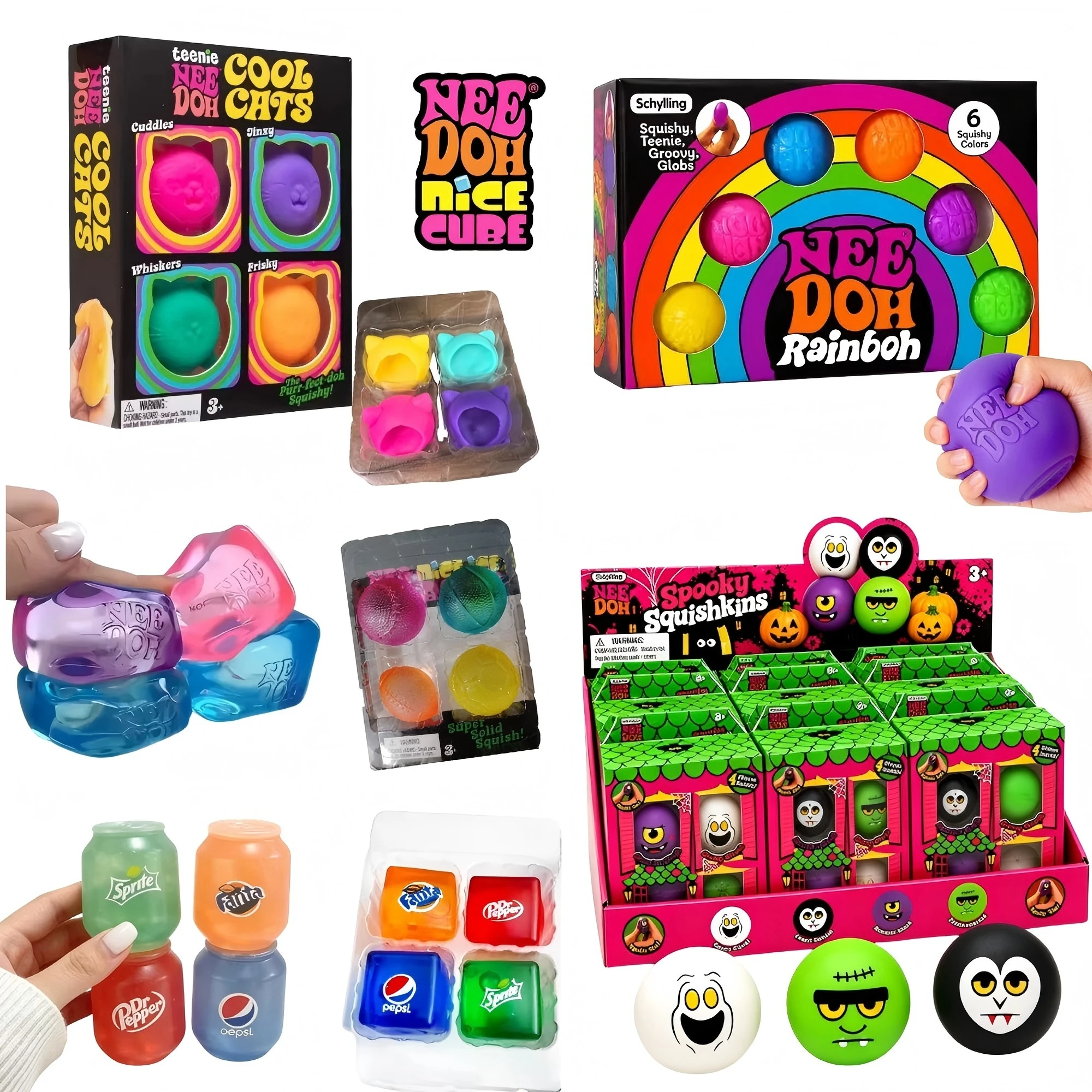 Schylling NeeDoh Mini Set Nice Cube &Mini Cat & Sports Ball Slow Rebound Squishy Sensory Toy Stress Relief  Party Blind Box Gift