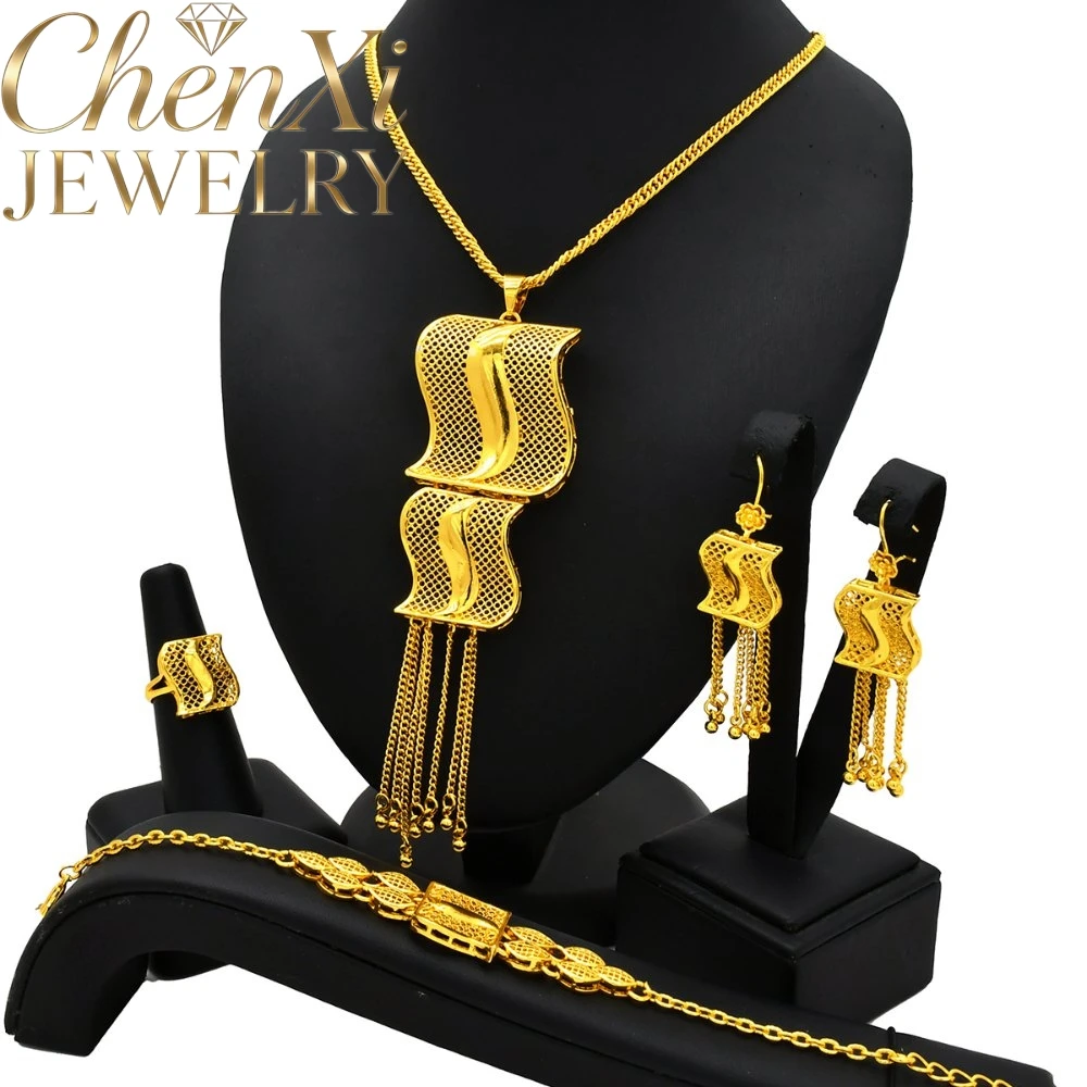 High-End Luxury Alluvial Gold Elegant Fashion Popular Jewelry Set Women Wedding Party Banquet Necklace Earrings Ring 4pcs Gift