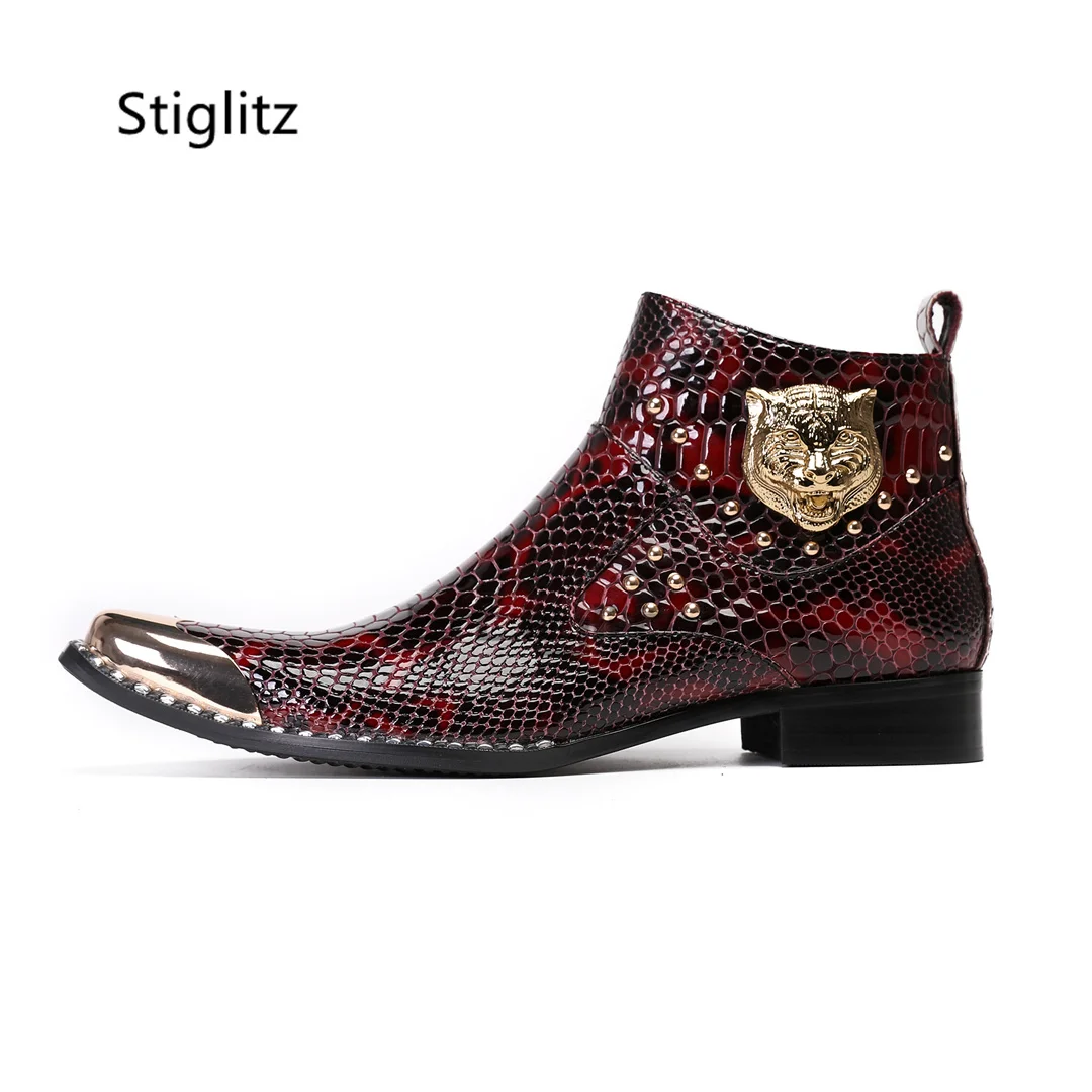 

Wine Red Snake Pattern Men's Boots Metal Iron Toe Rivets Tiger Head Ankle Boots Formal Genuine Leather Wedding Shoes for Men