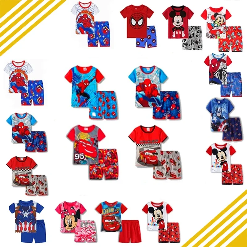 Kids Pajamas Set Summer Children Short Sleeve Sleepwear Spiderman Cars Mickey Boys Cartoon Pyjamas Girl Clothing Nightwears Set