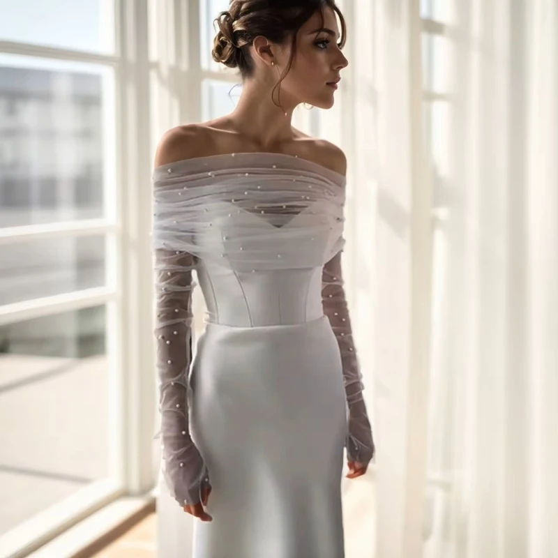 Bridal Pearl Mesh Shrug Shawl Dress Cover Up Sheer Cape Detachable Tulle Shoulder Arms Wraps Evening Party Accessories