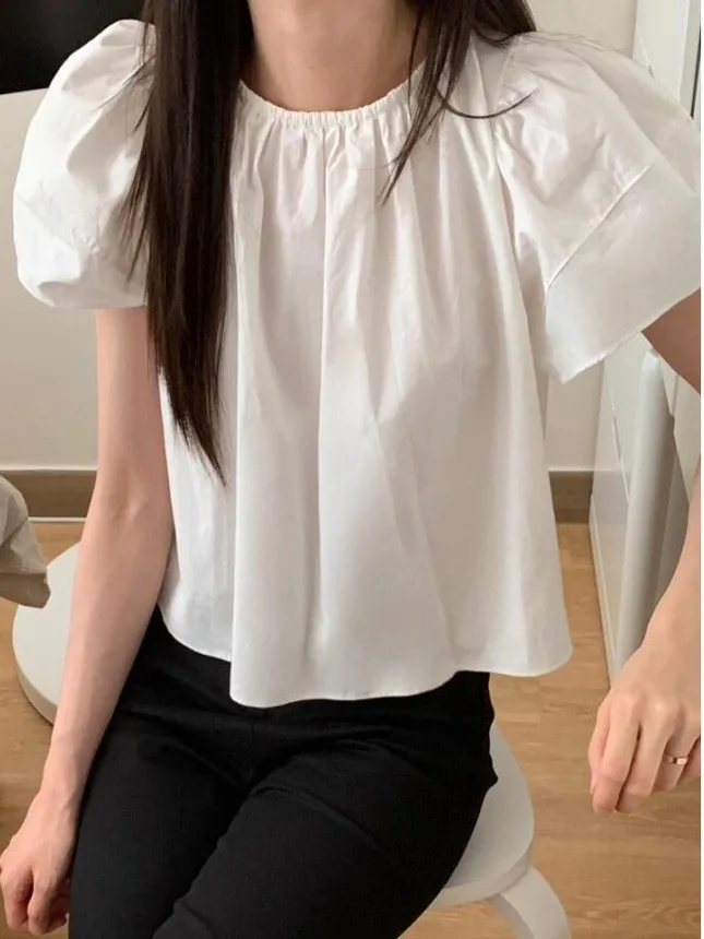 White Short Sleeve Chic Fashionable Versatile Women's Shirt Bubble Sleeve round Neck Pure Color Commute Style Clothing