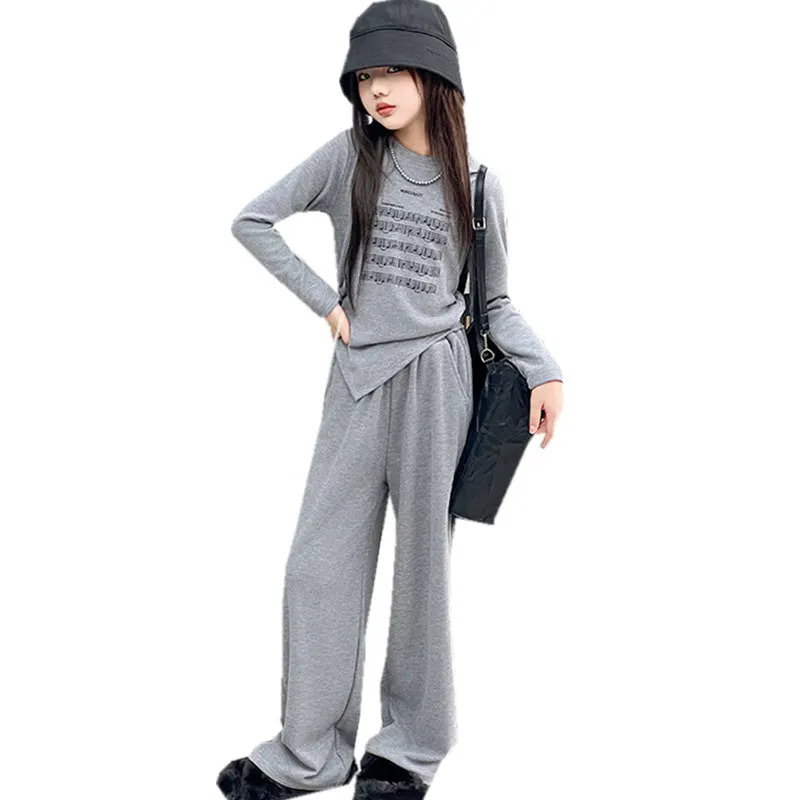 Girls Casual Clothing Sets Irregular Long Sleeve Note Print Top + Pants Suits Spring Autumn Korea Loose Grey Khaki Kids Outfits