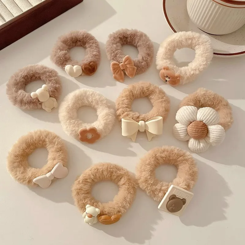 

5pcs/set Milk Coffee Color Hair Accessories Combination Girls Tie Their Hair with Plush Loops New Solid Cartoon Style for Girls