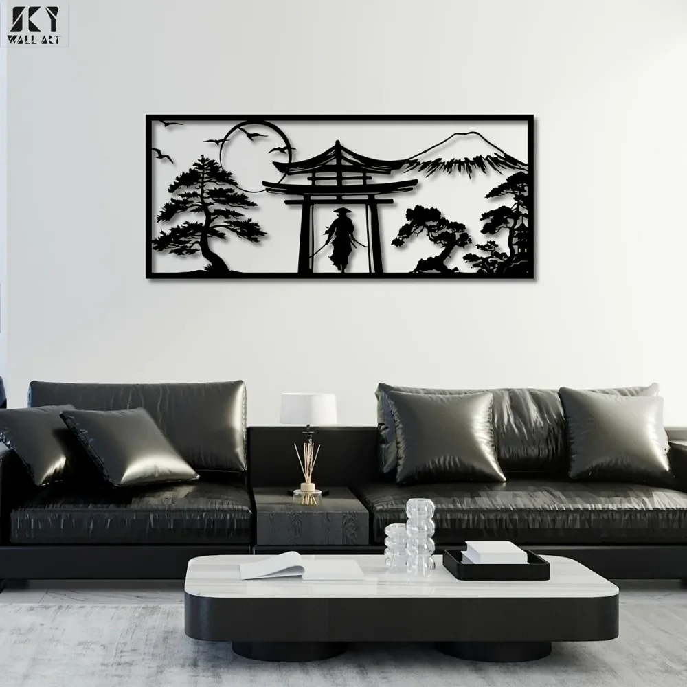 CIFBUY Japanese Theme Metal Wall Art Iron Decor Torii Mount Fuji Bonsai Sculpture Rust Proof Waterproof For Indoor Outdoor Livin