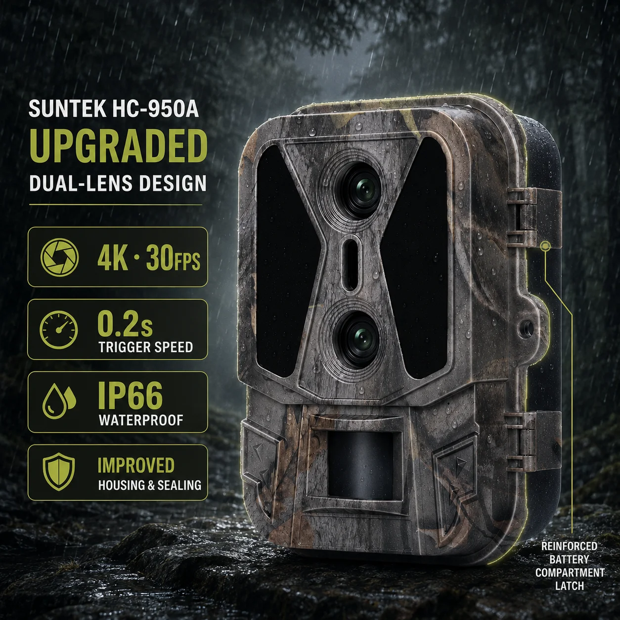SuntekCam HC‑950A Upgraded Dual‑Lens Hunting Trail Camera 4K 30FPS 50MP Night Vision 8000mAh Lithium Battery Solar Support IP65