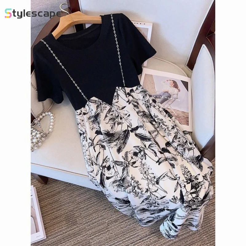 Summer Oversized Slimming Dress, Women's Fake Two-piece Design, Floral Splicing, Careful Machine Chain, Elegant Suspender Dress