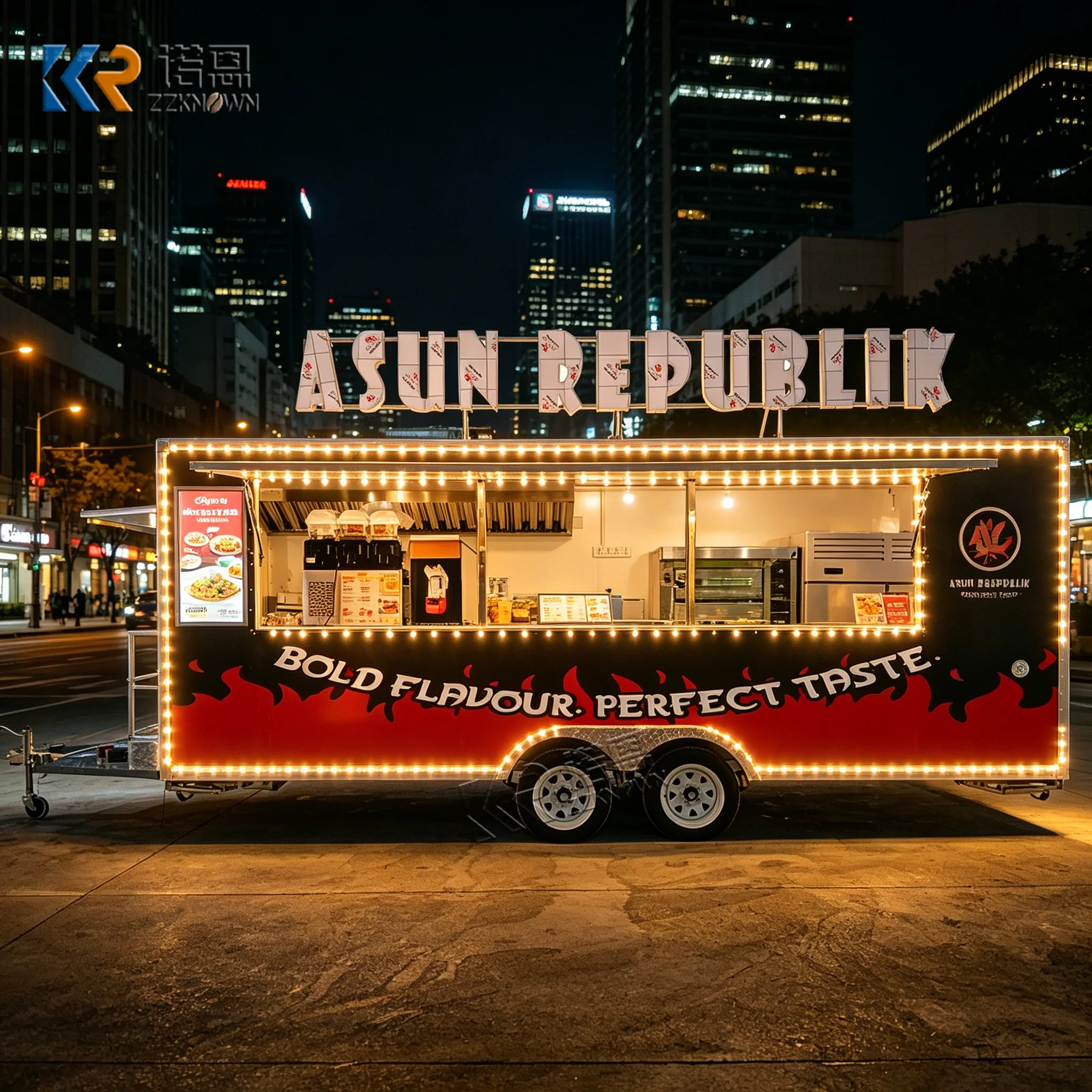 

Professional Food Trailer Double Axle Square Fiberglass Body Stainless Steel Interior for Commercial Street Catering Services