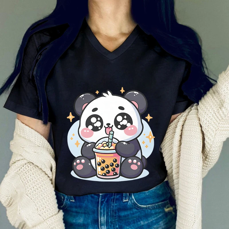 Boba Tea Lover T-Shirt Female Cartoon Kawaii Panda Drinking Classic Bubble Pearl Milk Tea Animal Fashion Woman Short Sleeve Tee