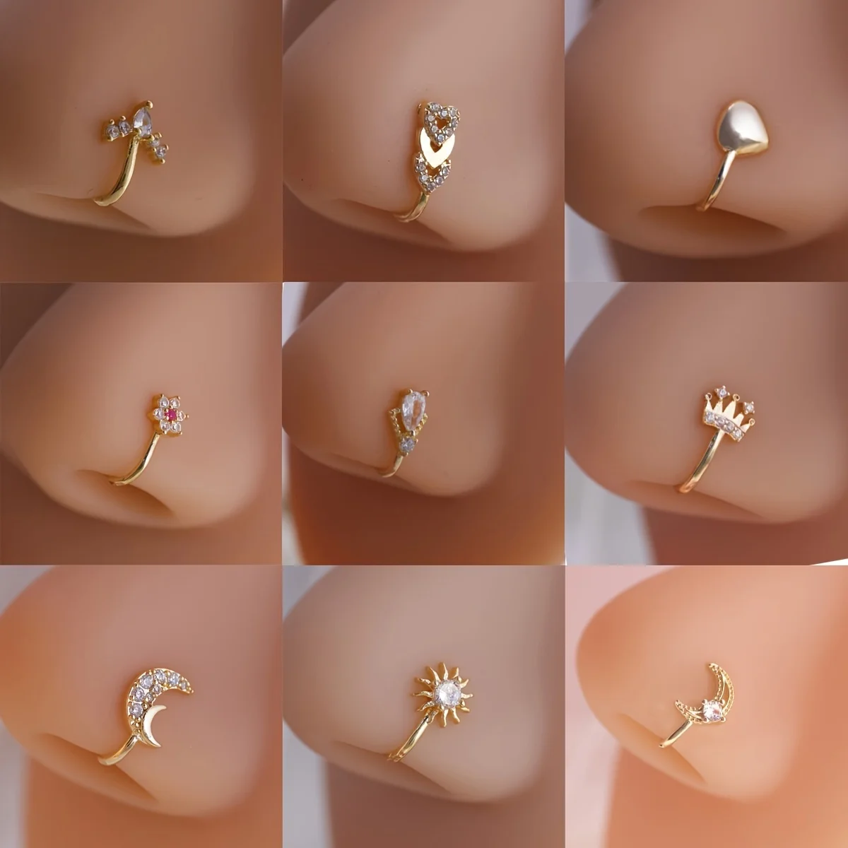 

9-piece set with minimalist style, love heart, sun, moon, synthetic zircon nose clip, women's non perforated design