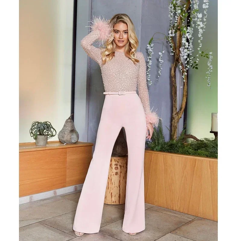 Lugentolo Elegant White Jumpsuit Women Slim Fit Straight Sequins Feather Stitching Long Sleeves Sexy Bodycon Jumpsuits