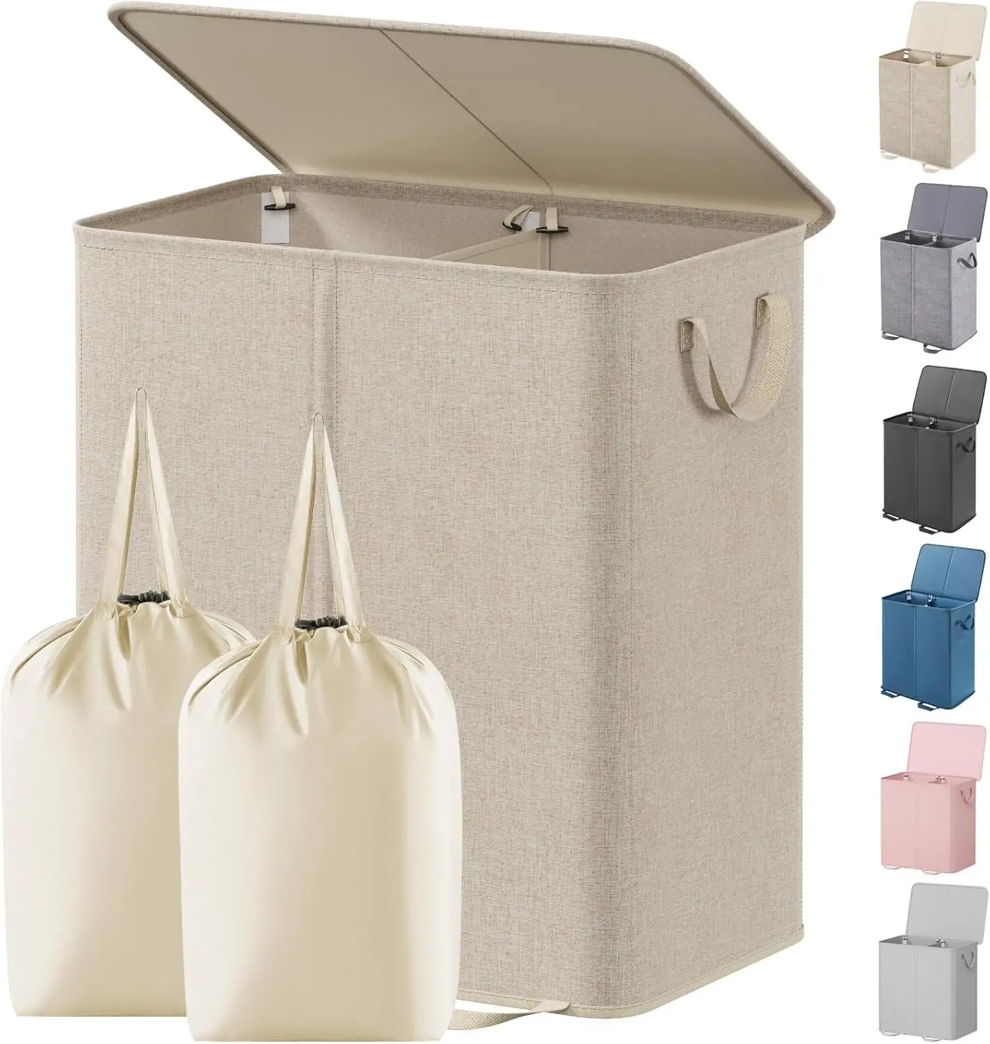 

Большая складная корзина для белья с крышкой и съемными мешками, 2 разделителя, для спальни или ванной, бежевая