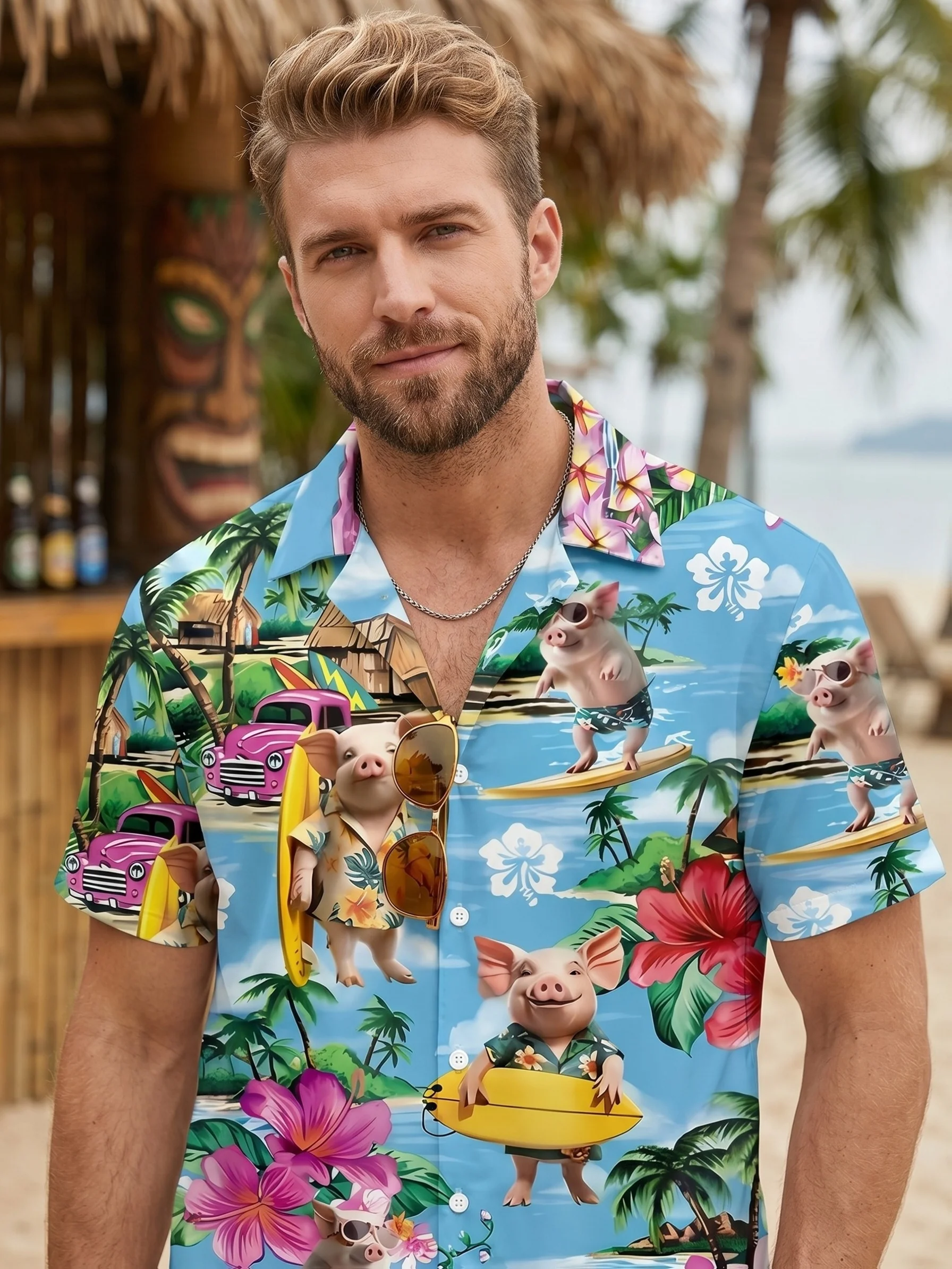 

Men's Summer Funny Surfing Pig Hawaiian Shirt Tropical Floral Palm Tree Short Sleeve Button Down Beach Vacation Party Top