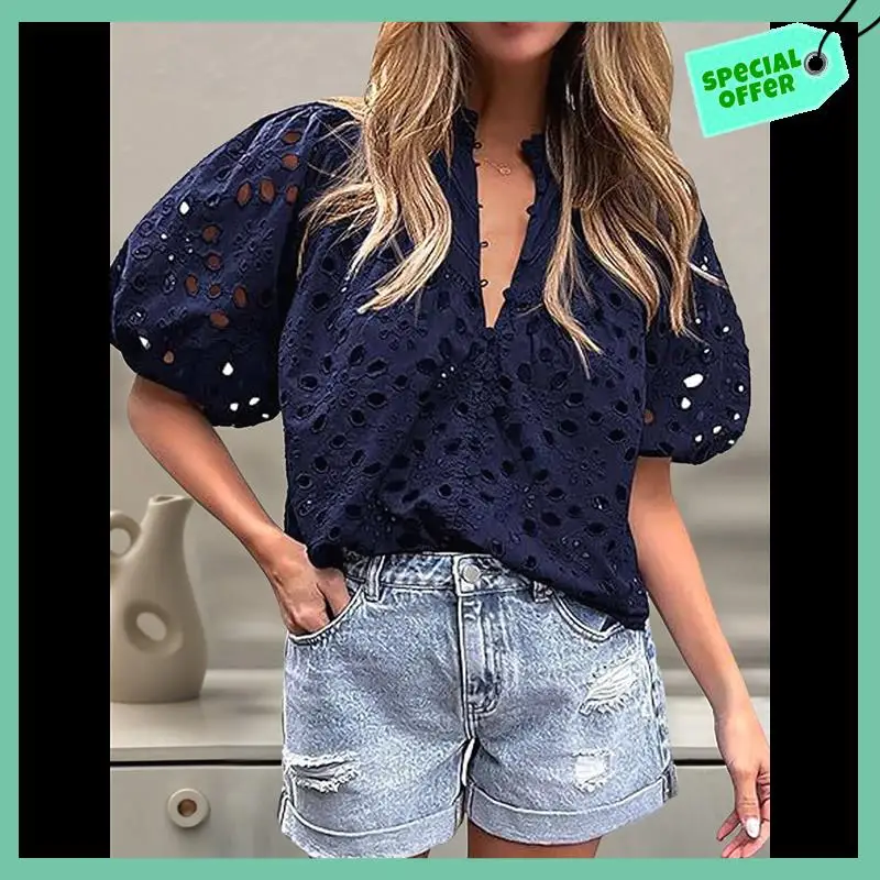 

Sturdy Women's Summer Tops 2025 Dressy Casual Short Sleeve V Neck Buttons Hollow Out Lace Embroidered Blouses Shirts