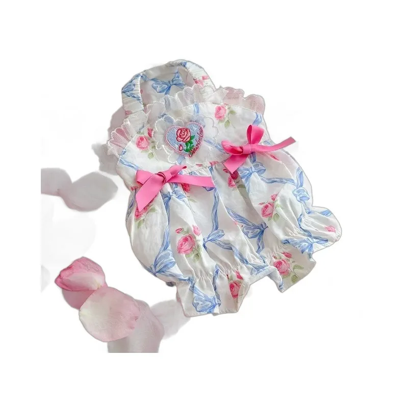 Dog Clothes Blue Floral Suspender Short Princess Skirt Summer Ladies Bow Pumpkin Sling Skirt Two Feet Teddy Medium Puppy Dresses