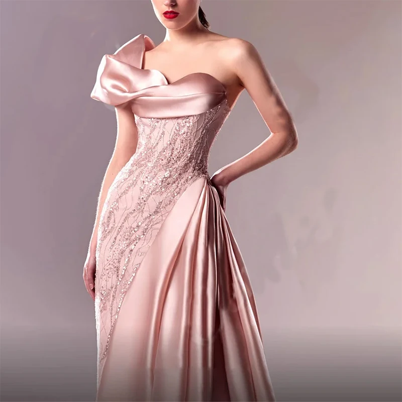 Luxury Pink One-Shoulder Formal Evening Dresses Lace Applique Ruffle Side Slit Prom Dresses Customized robe soirée