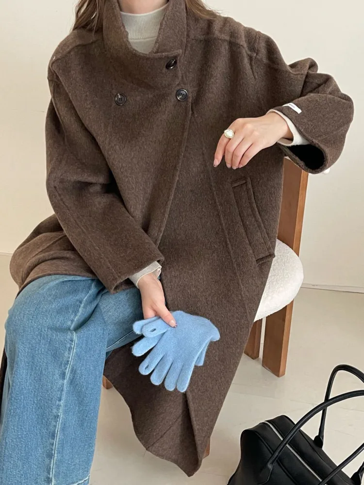 ZMEENNA Damen-Wintermantel, elegant, Wollmischung, schick, Stehkragen, übergroß, lange Jacke, warme Oberbekleidung, beige Strickjacke ZM3741