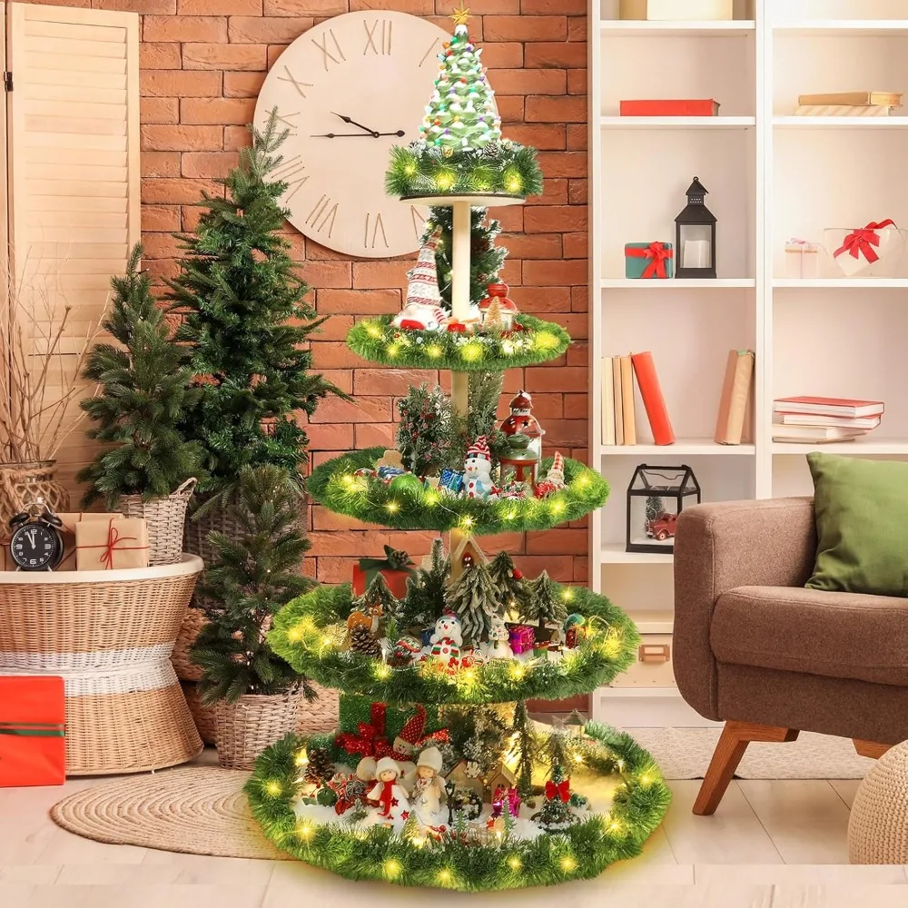 5 Tier 59 Inches Christmas Tree Bookshelf Display, Ornament Display Tree Stand,Wooden Holder Home Decorations.