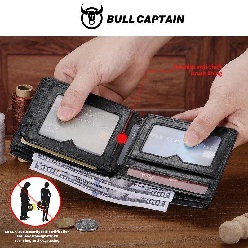 BULLCAPTAIN Men's Genuine Leather Wallet Business Casual Cash Clip Multifunctional RFID Antimagnetic Multi-Card Slot Coin Purse