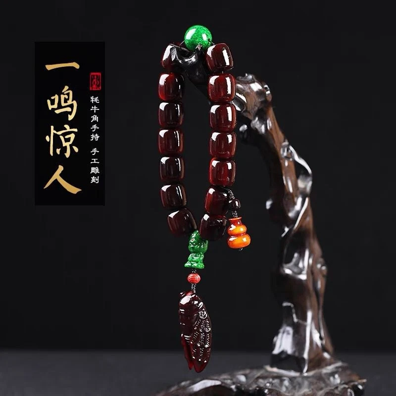 Tibetan-style yak horn hand-held bracelet men with beads, One Sound Resonates, Golden Cicada