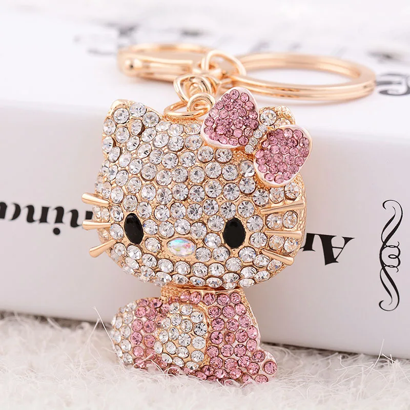 Sanrio Keychain Cartoon Figure Hello Kitty Kawaii Diamond-embedded Metal Pendant Girlish Heart KT Cat Accessories Creative Gifts