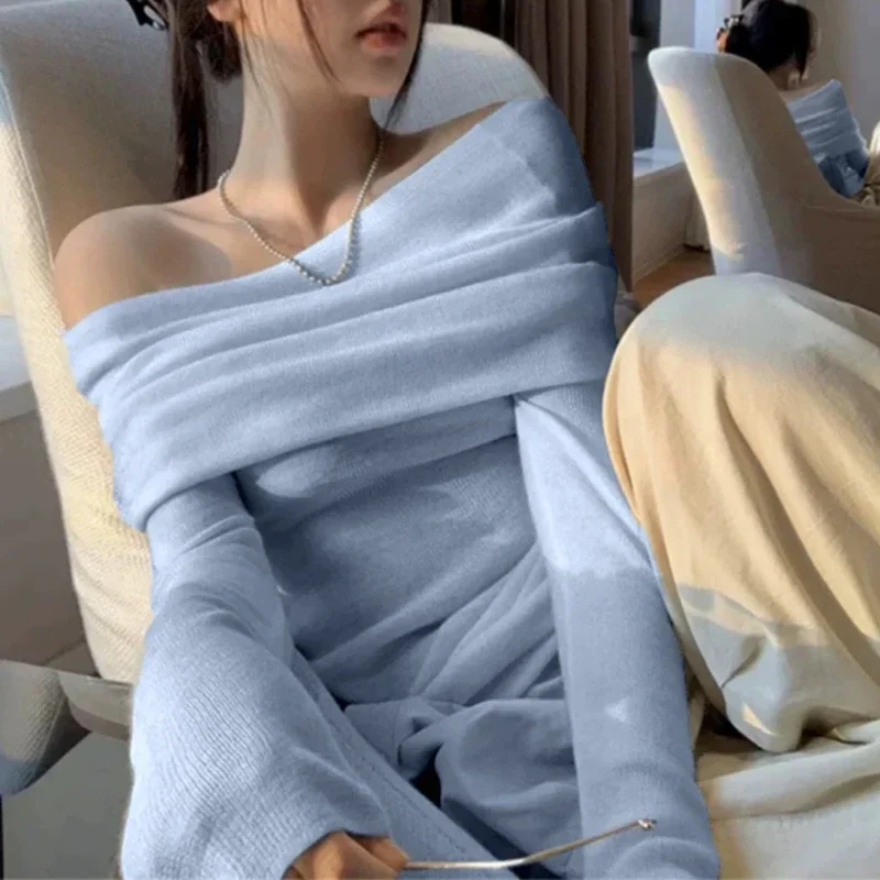 

Осень-зима вязаная рубашка с открытыми плечами женские пуловеры свитера женские эластичные узкие тонкие трикотажные рубашки с длинными рукавами топы