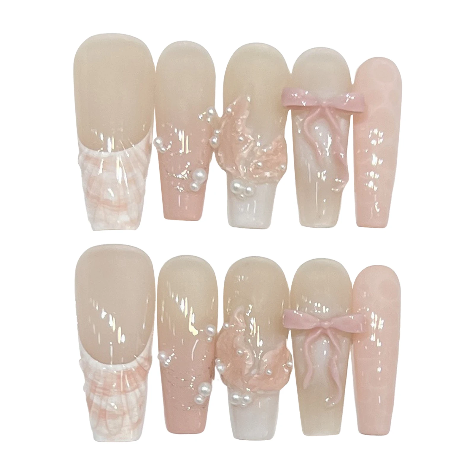 طويل راقصة الباليه الأظافر وهمية 10 قطعة الأظافر اليدوية اضغط على عارية الوردي الفرنسية الأظافر كاذبة بقع Bowknot ذيل السمكة اللؤلؤ المصممين #6