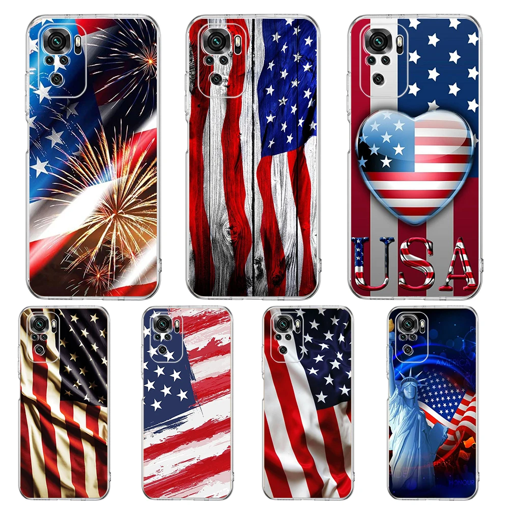 American United States Flag Phone Case Cover for Redmi Note 10 11 11T 7 8 8T 9 K40 Gaming 9A 9C Pro Plus Transparent Soft Shell