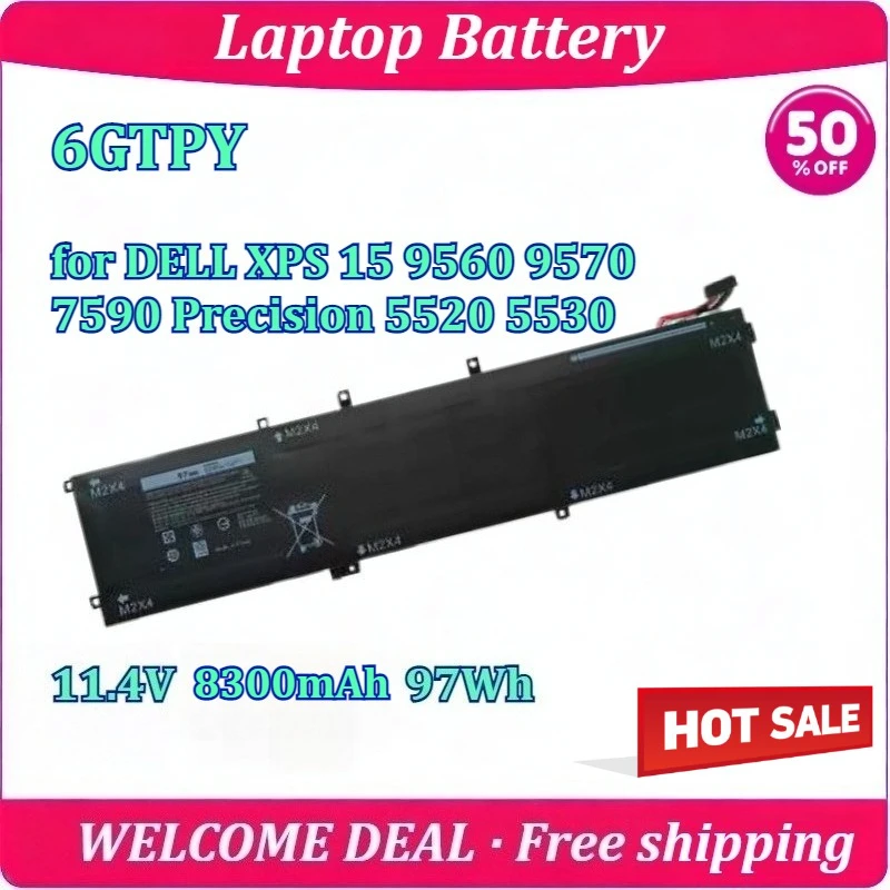 

New Laptop Battery 6GTPY for DELL XPS 15 9560 9570 7590 Precision 5520 5530 11.4V 8300mAh 97Wh Long Endurance Lithium Battery
