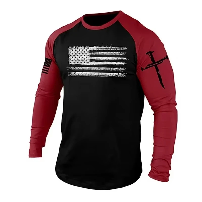 Men's Long sleeves T Shirt Gym 3D Print USA Flag Casual O Neck Tops Tees Sportswear Street Pullover Outdoor Oversized Clothing