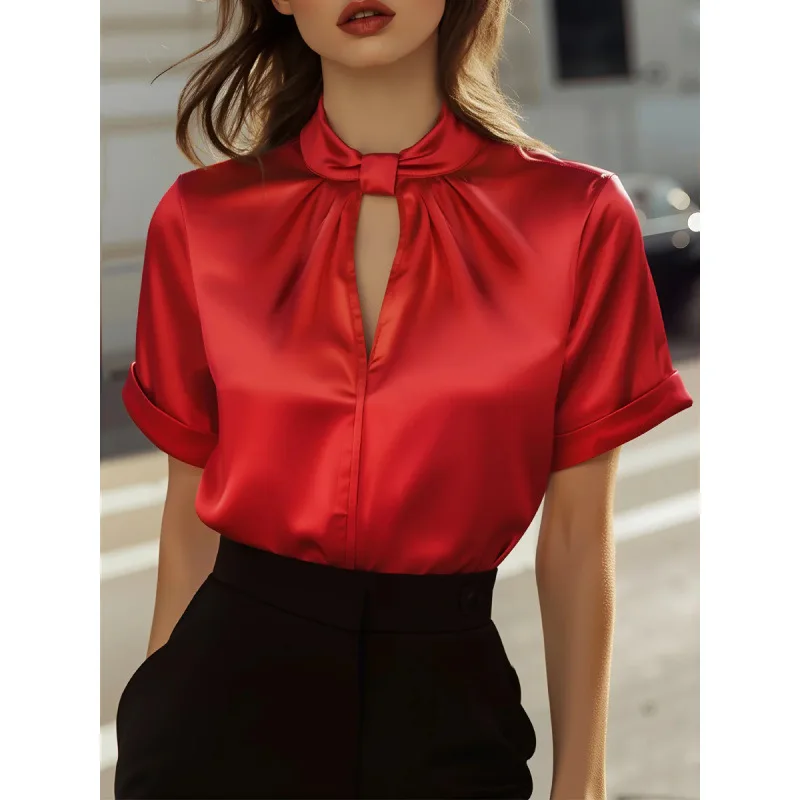 2026 New Fashion Halter Neck Short-sleeved Shirt Women Summer Casual Loose Solid Color Satin V-neck Office Top For Women