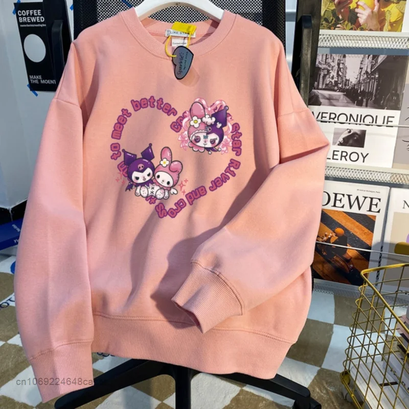 Sanrio Melody Kuromi Roupas Novas Casais Moda Moletons Mulheres Homens Algodão Soft Tops Camisa Y2k Em Torno Do Pescoço Solto Pullovers