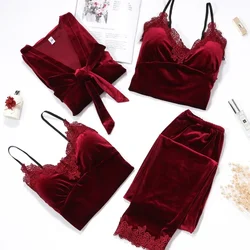 Autumn Velvet Women 4PCS Pajamas Set Sleepwear Burgundy Velour Bathrobe Nightwear Lace Patchwork Pijamas Suit Sexy Negligee