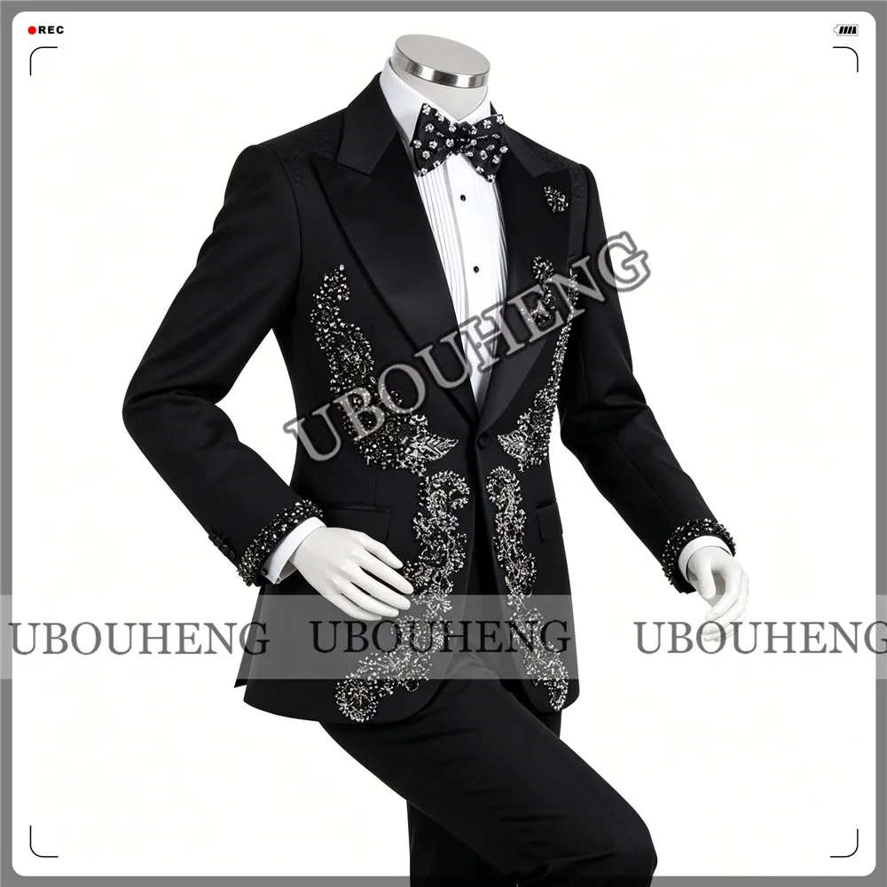 Elegant Wedding Suit For Man Sparkly Jewelry Stones Ornament Jacket Pants 2 Pieces Sets Groom Tuxedos Custommized Man Outfits