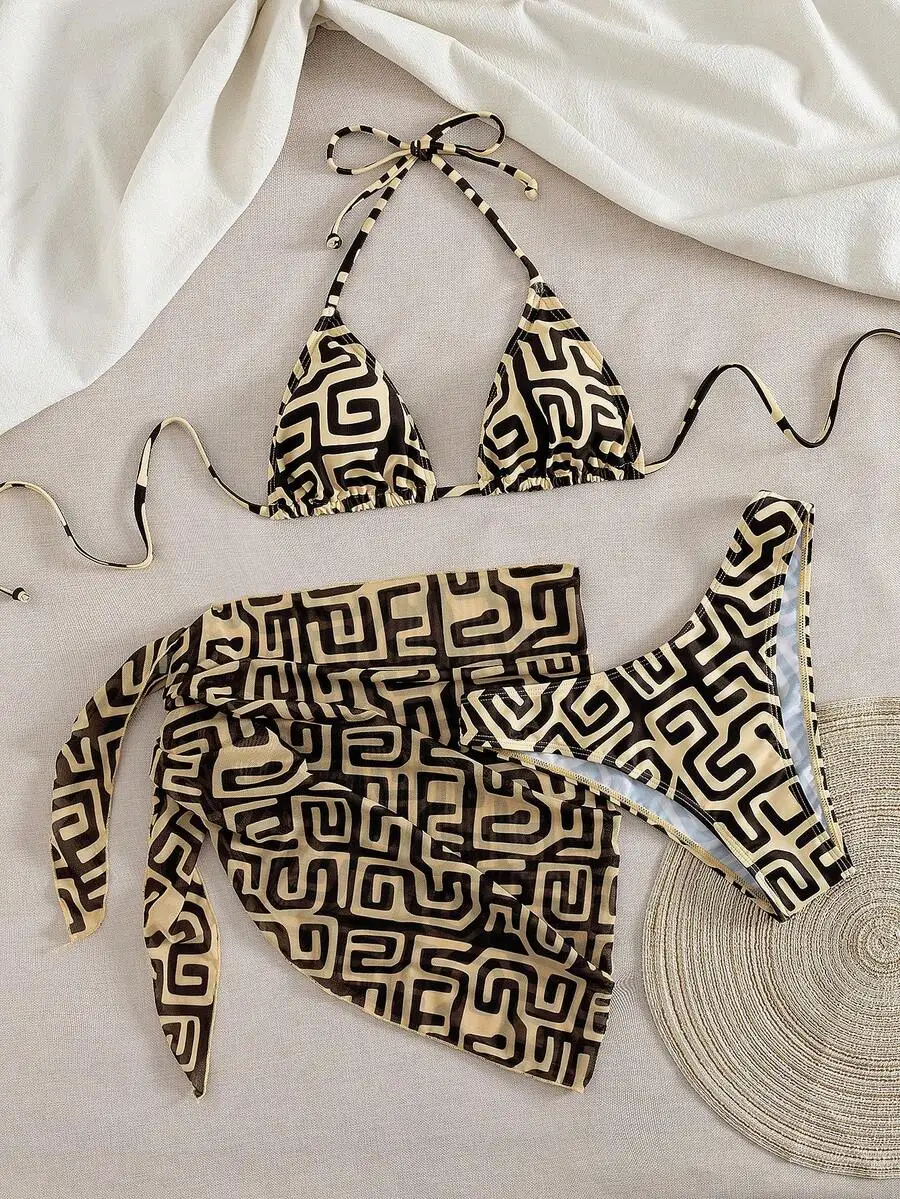 

Womens Asymmetrical Graphic Print Halter Triangle Bikini Set With Skirt Cover Up