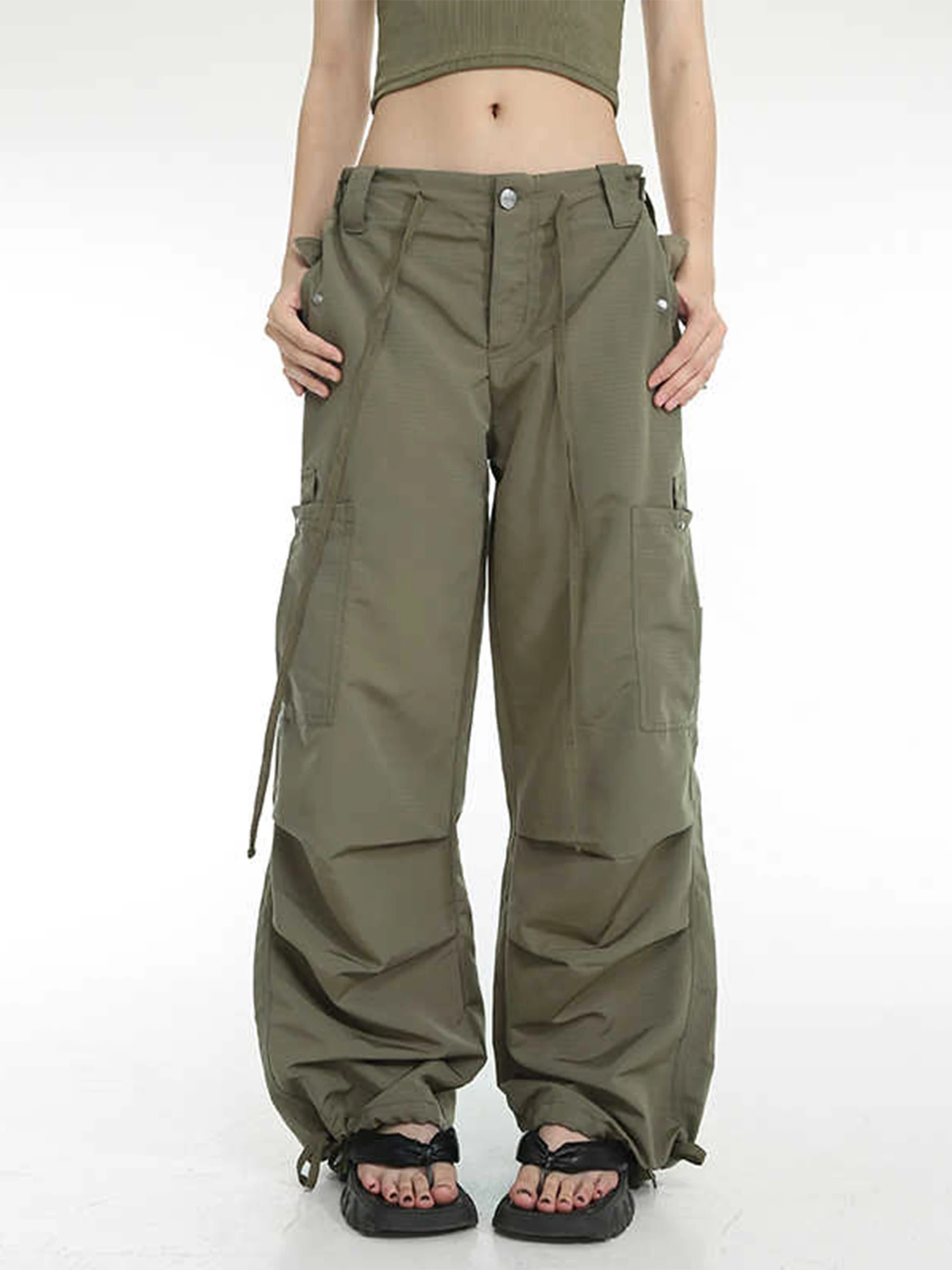 

Женские зеленые мешковатые брюки-карго, большие брюки-парашюты, спортивные штаны в японском стиле 2000-х годов, винтажные брюки в стиле Харадзюку Y2k2k, одежда