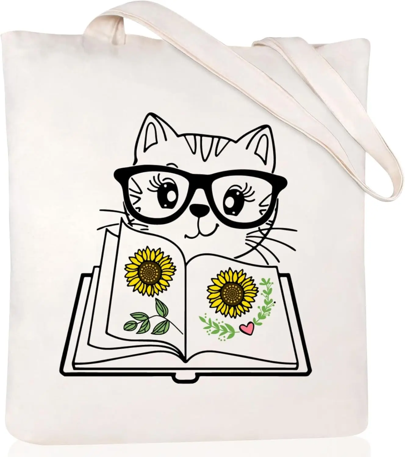Cat Lover Bookworm Canvas Shopping Bag Kawaii Sunflower Cat Print Portable Tote Bag For Daily Outings & Gifting