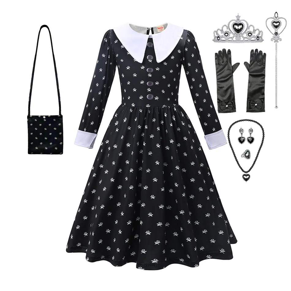 Wednesday Addams Cosplay Dress for Girl Kids Movie Wednesday Cosplay Costumes Black Gothic Dresses Halloween Party Women Clothes