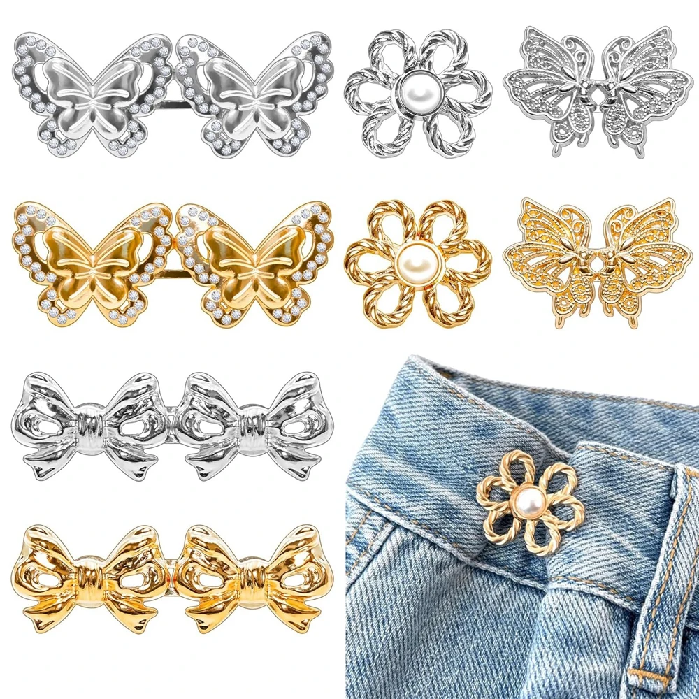 

8 Sets Pants Waist Tightener Adjustable Detachable Decorative Waist Buckles Pants Clips Butterfly Buttons Pins for Loose Jeans