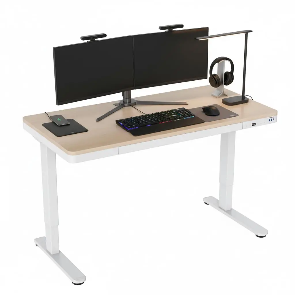 

Electric Standing Desk with Drawer, Adjustable Height Sit-Stand Home Office Desk with Storage White with Maple Top,, Customized
