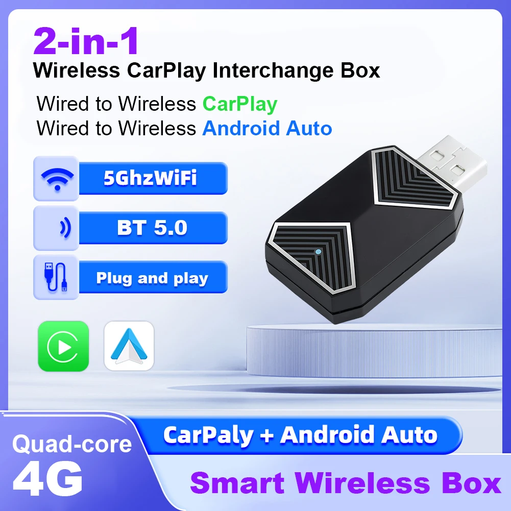 Wireless CarPlay Android Auto Mini Box Voice Assistant Mini Box Dongle USB Plug&Play for Factory Wired CarPlay Android Auto Cars