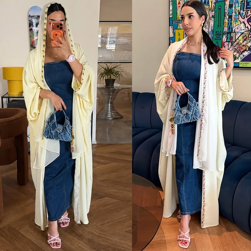 Women Abaya Hijab 2 Piece Set Dress Eid Flower Cardigan Robe Khimar Muslim Suit Dubai Ramadan Kaftan Morocco Jalabiya Vestidos