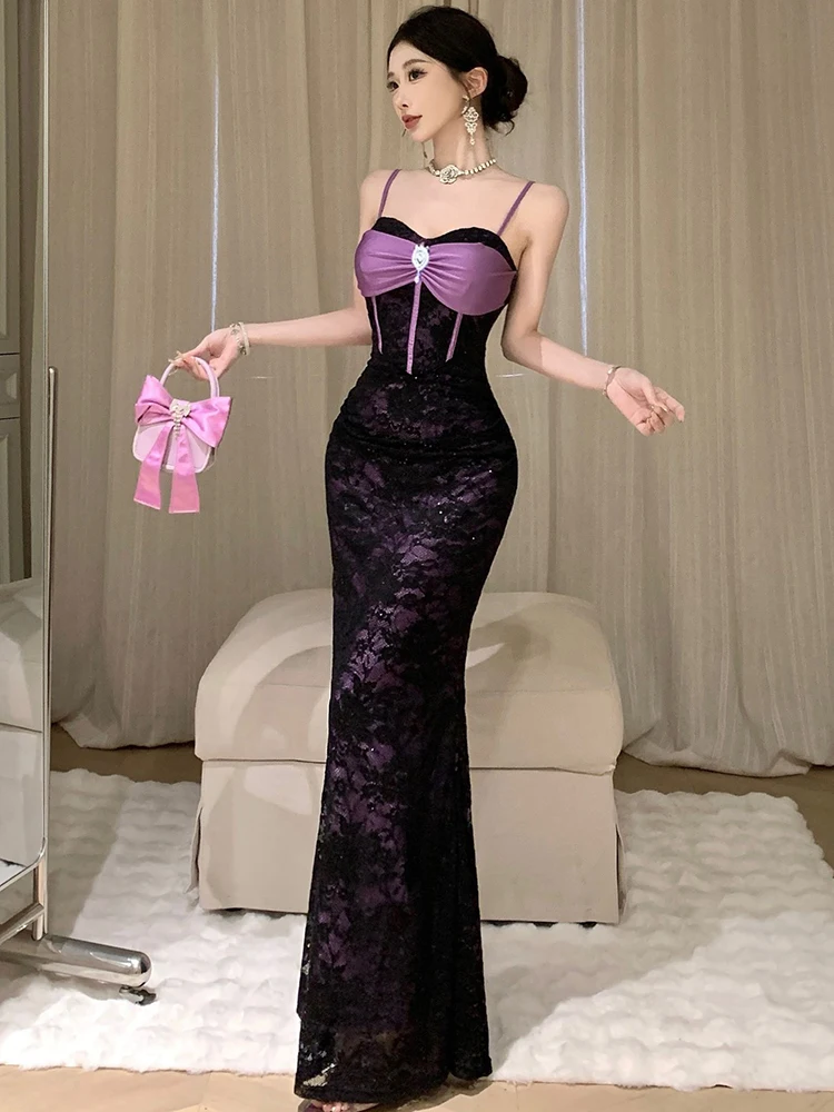 2025 schwarz Spitze Patchwork Lila Elegante Luxus Kleid Frauen Sexy Sling Prom Kleid Sommer Koreanische Vintage Bodycon Abendkleider